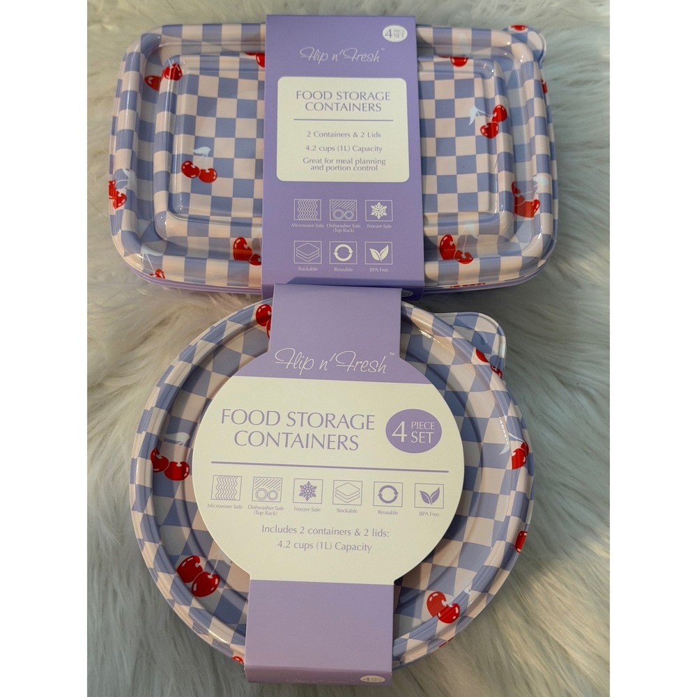 Gossi Flip n Fresh Food Storage Containers 4pc Set Blue Checkered Cherry Pattern